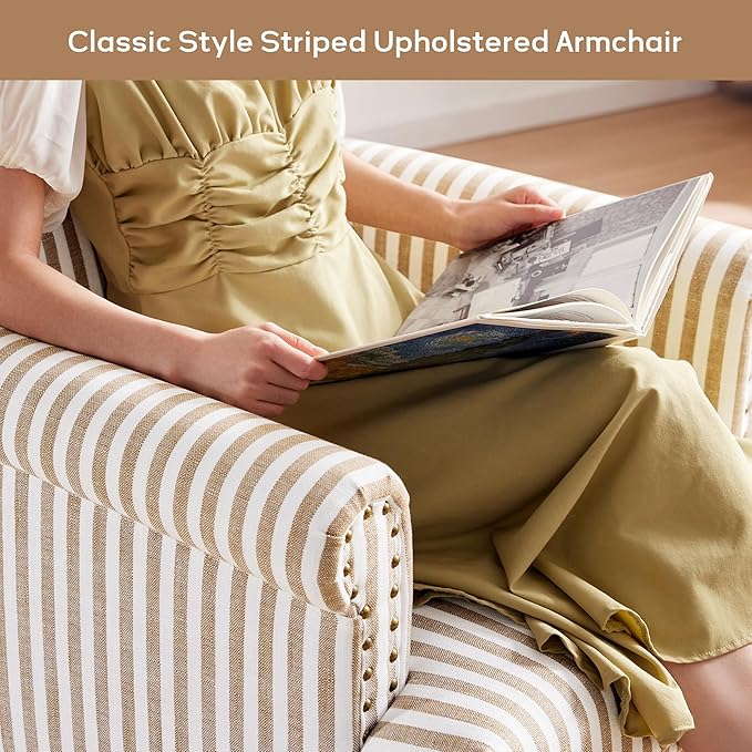 HUIMO Linen Fabric Accent Chairs Set of 2, Mid-Century Modern Armchair with Solid Wood Legs, Single Sofa Chair,Upholstered Reading Club Chair (2, Brown and White Stripe)