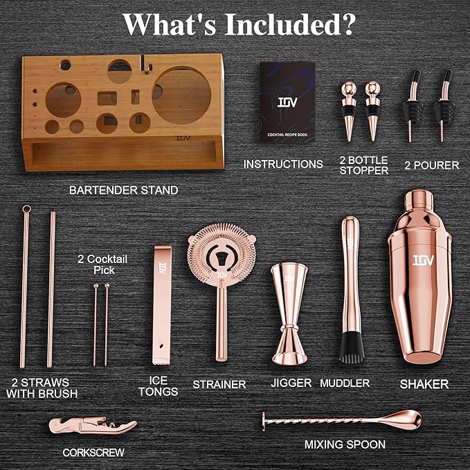 IOV Cocktail Shaker Set Bartender Kit with Stand | Bar Set Drink Mixer Set Includes Martini Shaker, Jigger, Strainer, Mixing Spoon, Muddler, Recipe Book | Home Bar Accessories Gift Set (Rose Gold)