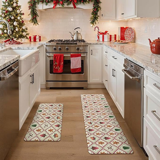 GENIMO Christmas Decorations - Kitchen Mats for Floor, 2PCS Christmas Kitchen Rugs, Cushioned Anti Fatigue Mat for Home Decor, Waterproof Non Slip Standing Mat for Laundry, 17.3"x59"+17.3"x30", Red