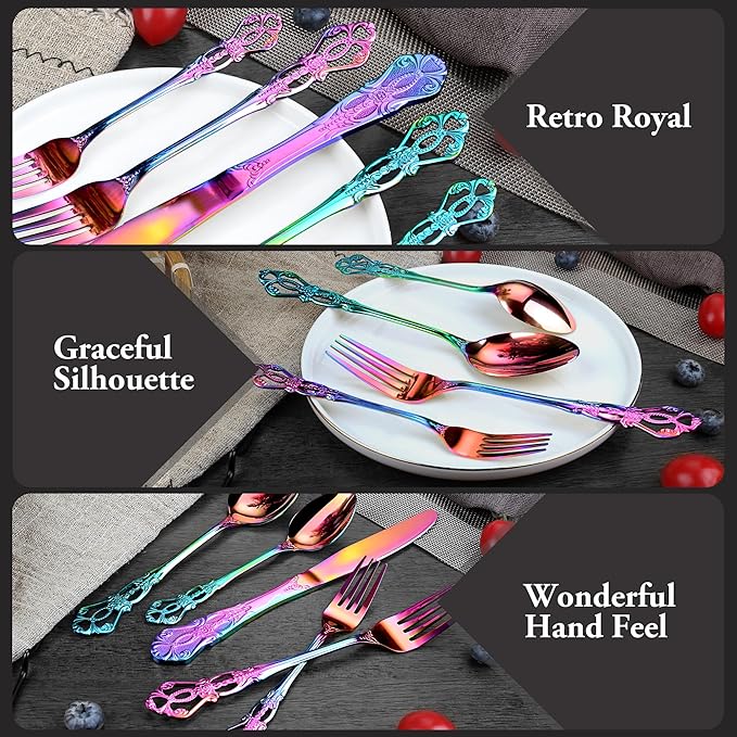 Silverware Set, 30 Pieces Retro Royal Silverware Set for 6, Anti-rust Stainless Steel Flatware Set Including Fork Spoon and Knife, Dishwasher Safe, Rainbow