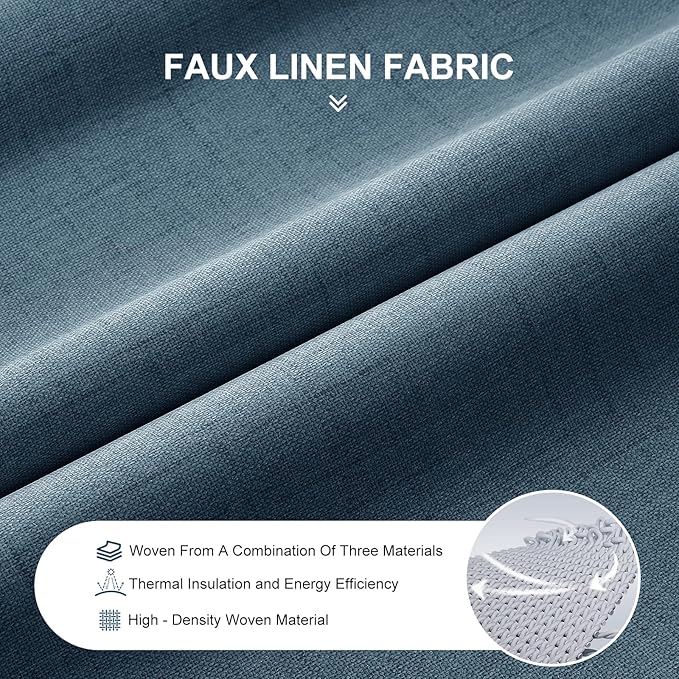 100% Blackout Curtains 96 inch Length 2 Panels for Living Room, Linen Textured Room Darkening Thermal Insulated Soundproof Farmhouse Drapes for Bedroom (W52xL96, Dusty Blue)