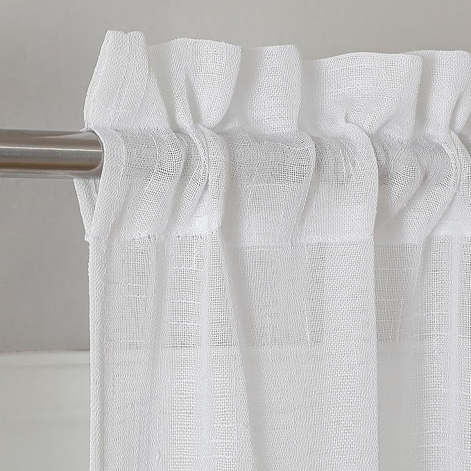 Aiyufeng Kirei Faux Linen Sheer Valances, Farmhouse Kitchen Valance Sheer Curtain 14 Inch Length 1 Panel, Soft Slub Textured Valance for Small Windows Basement Bedroom, 60X14 Inch, 1 Piece, White