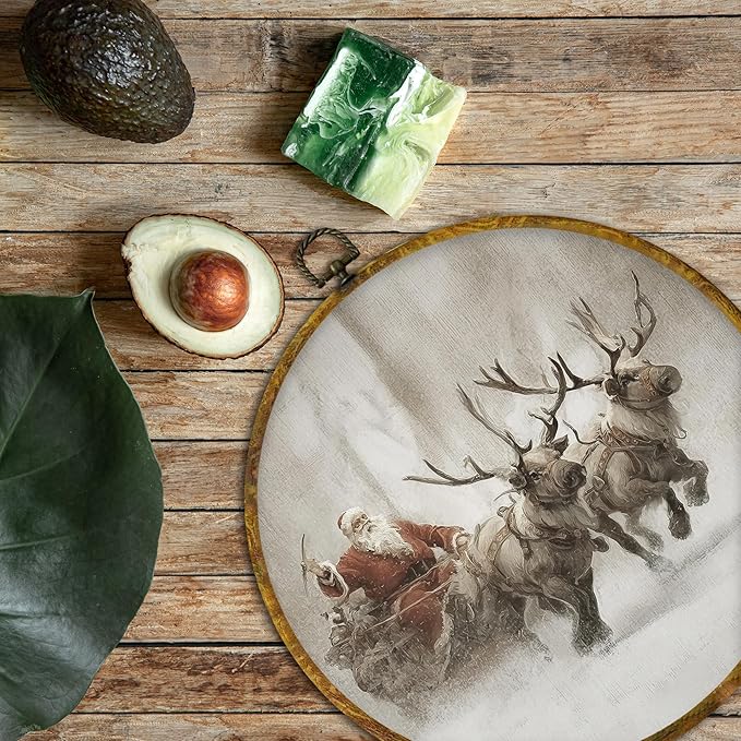 QZQE Vintage Christmas Santa and Reindeer Round Wall Art Decor Framed, Xmas Snowy Winter Circle Canvas Prints, Rustic Cozy Winter Circular Wall Hanging Decor for Home Bedroom Living Room, 10x10 Inch