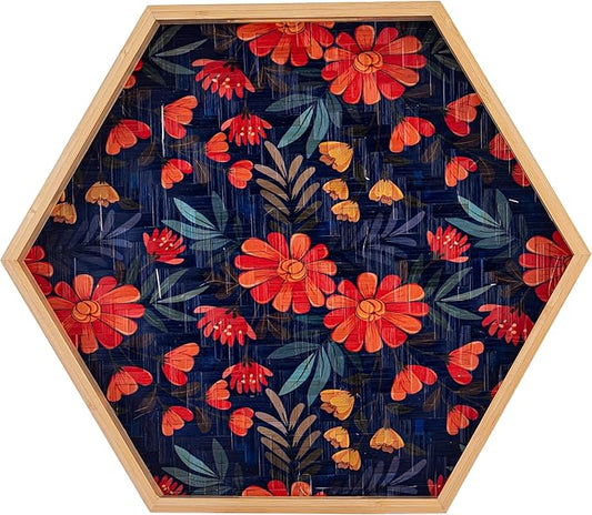 PEMAR 15.7" Hexagonal Bamboo Tray for Serving Coffee, Breakfast, Bread, Food, Art Decor. Decorative Pattern Tray for Coffee Table, Kitchen Counter, Vanity, Bedroom, Ottoman, Home Decor (Flowers)
