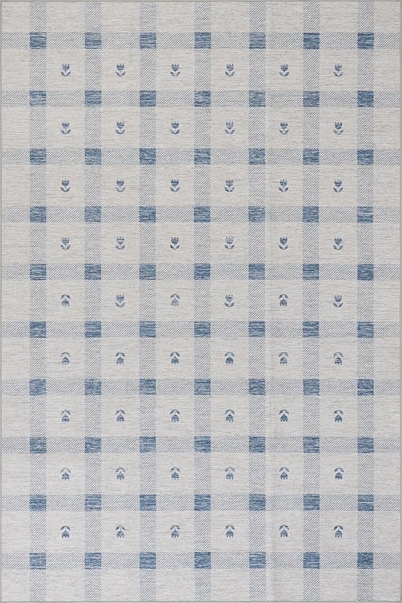 Dash & Albert Valen Plaid Blue Machine Washable Rug, 3 X 5 Feet, Blue/White Plaid Pattern
