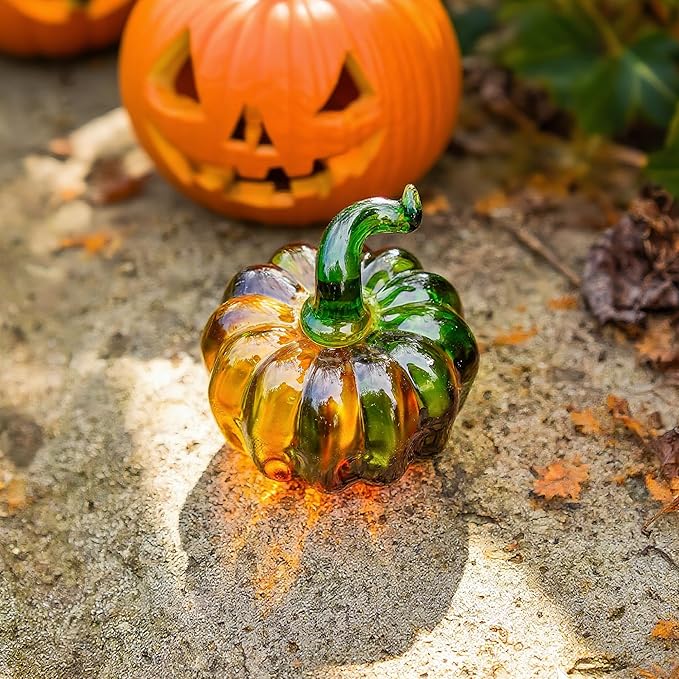 H&D HYALINE & DORA 6 Pcs Blown Glass Pumpkin Figurines Crystal Halloween Pumpkin Paperweight for Home Fall Harvest Thanksgiving Halloween Decor