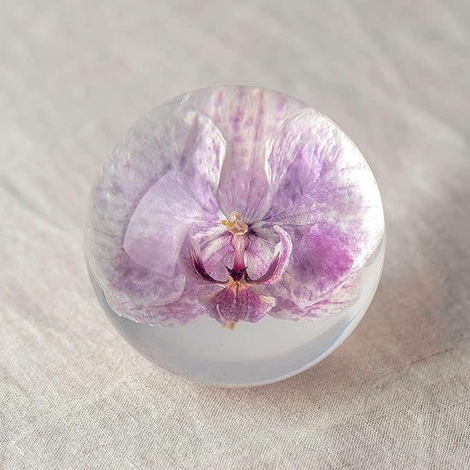 Real Purple Orchid Paperweight - Home Decor Crystal Resin Ball 3.14in (80mm) - Clear Resin Purple Orchid Flower Globe for Special Days - Sphere Figurine Office Paperweight w/Flat Bottom