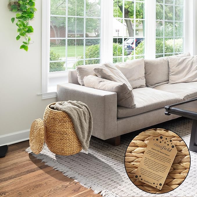 Casafield Round Storage Basket with Lid - Natural, Handwoven Water Hyacinth Organizer for Laundry, Blankets, Plants, Bedroom, Living Room, Home Office