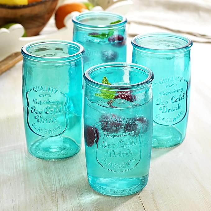 Glaver's Highball Glasses Set of 4 – 20oz Artistic Ice-Cold Pretty Blue – Vintage Glassware with Embossed Logo – Beverage Drinking Glasses for Water, Juice, Cocktails. Hand Wash.