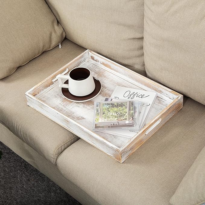 Rustic Distressed Wood Food Breakfast Serving Tray Octagon Serving Tray in Bed with Cutout Carrying Handles Coffee Office Desktop Document Holder Home Kitchen (Washed White)