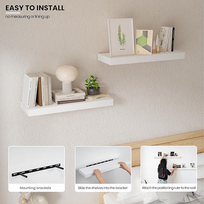 Vivelove Wooden Floating Shelves for Wall 16” x 8”x 1.4”, Bathroom Shelf Over The Toilet with Invisible Brackets, Unfinished Wall Shelves for LivingRoom, Kitchen, Bedroom, Home Decor, Set of 2 - White