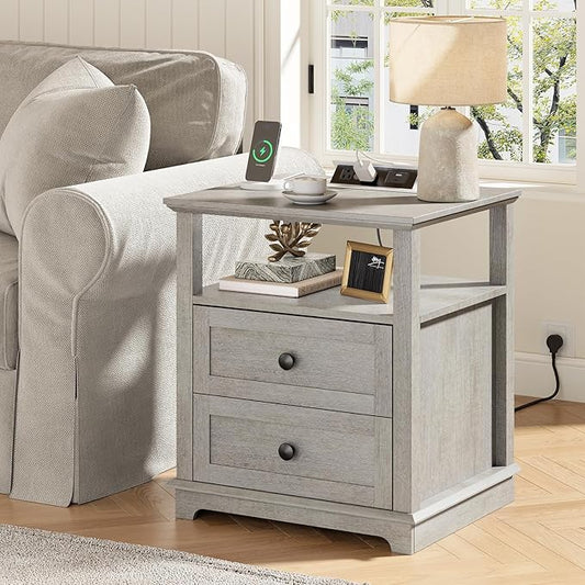 HIFYOBRO End Table with 2 Drawers and Charging Station, Type-C & USB Port & Power outlets, Wooden Storage Cabinet, Large Side Table with Storage for Living Room and Bedroom