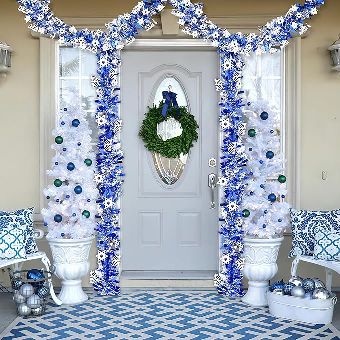 Hanukkah Decorations 2 Pack Total 36 FT Hanukkah Tinsel Garland with Menorah Star of David Silver Ornaments Blue Metallic Streamers Decor, Indoor Outdoor Chanukah Decorations for Home Party Supplies