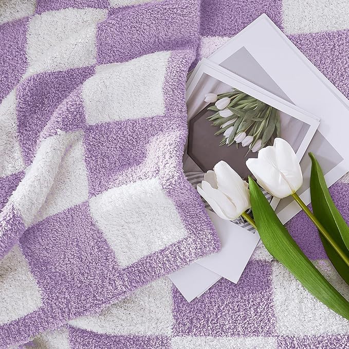 WRENSONGE Checkered Throw Blanket, Purple Soft Cozy Fluffy Warm Hand Made Throw Blankets for Couch, Sofa, Chair, Bed, Camping, Picnic, Travel Lightweight Bed Blanket - 60"*80"