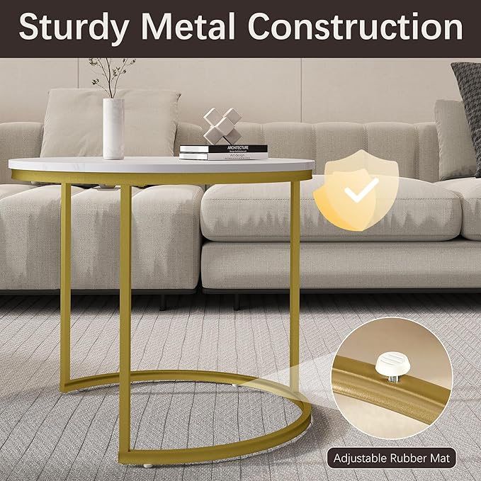 Nesting Tables Set of 2, White Round Coffee Table, Small Nesting Coffee Table with Adjustable Non-Slip Fee, White Marble Top Stack Nesting Tables Set of 2 for Living Room, Bedroom