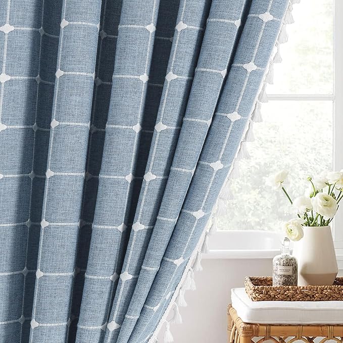 MitoVilla Blue Boho Extra Long Shower Curtain 72 x 84, Modern Farmhouse 84 inch XL Polyester Linen Texture Tassel Fabric Shower Curtain Set with Hooks for Cottagecore Country Bathroom Decor