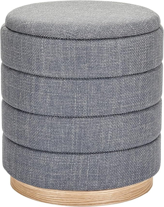 Round Ottoman with Storage – Elegant Durable Linen Upholstered Footrest Bench for Living Room, Cylinder Vanity Stool – Grey