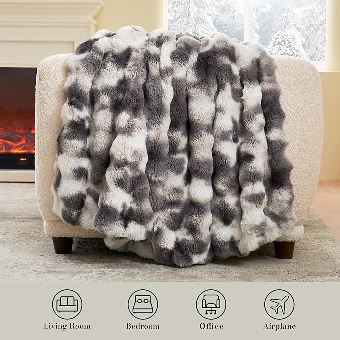Amélie Home Faux Fur Throw Blanket for Couch, Ultra Soft Fuzzy Plush Bubble Throw for Sofa, Living Room & Home Decor, 50"x60", Tie-dye Grey