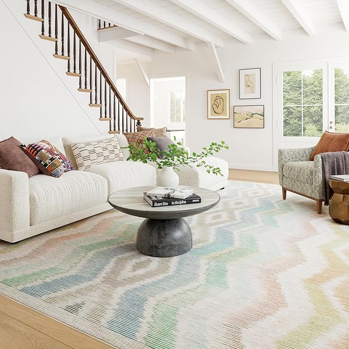 Dash & Albert Zarek Multi Machine Washable Rug, 8.5 X 11.5 Feet, Multicolored/White Chevron Pattern