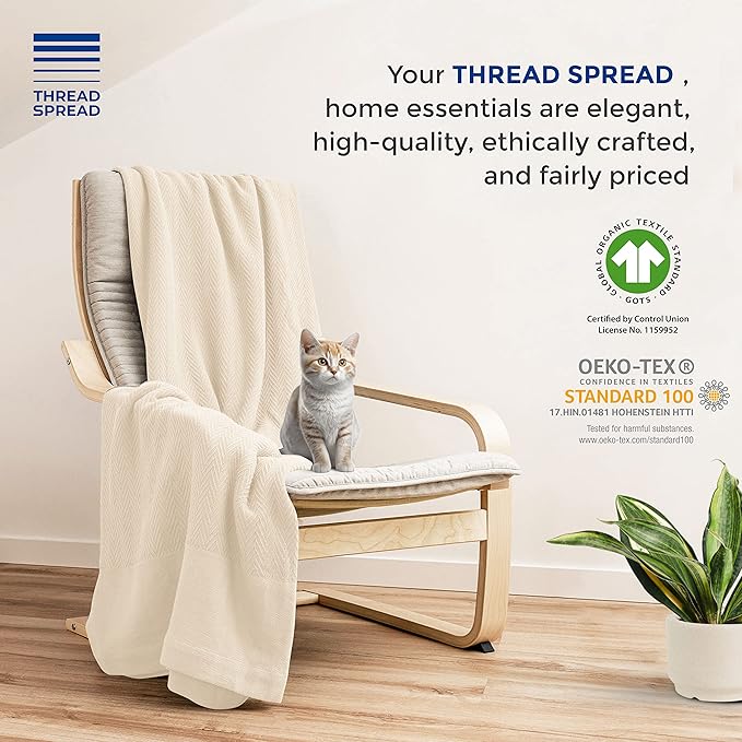 Organic GOTS Certified Cotton Blanket, Twin/Twin XL - 350 GSM, Antistatic, Fuzzy Soft, Lightweight, Sofa, Camping & Travel, All-Season Herringbone Throw, Ivory/Cream + Stylish Bonus Tote Bag