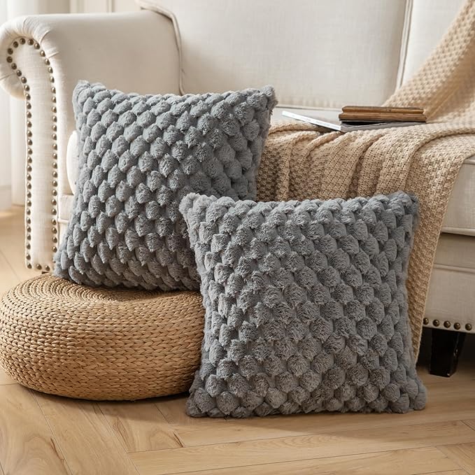 Pack of 2 Super Soft Throw Pillow Covers 20x20 Inch Faux Fur Plush Pillowcase Luxury Cozy Fluffy Decorative Cushion Cover for Sofa Couch Bed Livingroom Darkgrey