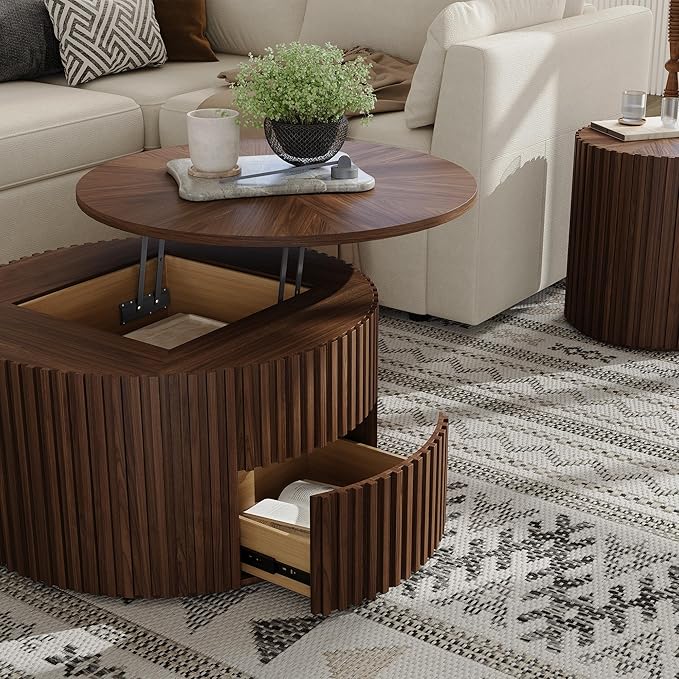 POVISON Round Coffee Table with Storage, Lift Top Coffee Table for Living Room, 31.65" Fluted Mid Century Modern Center Table for Home, Office, Walnut, Fully Assembled