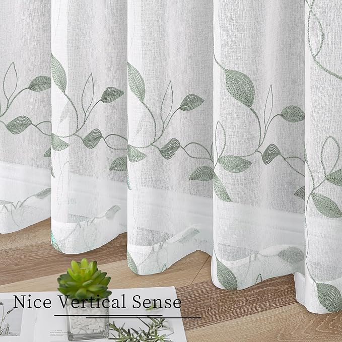 Tollpiz Sage Green Leaf Sheer Curtain Leaves Embroidered Living Room Short Curtains Rod Pocket Voile Window Treatment for Bedroom, 54 x 54 inches Long, Set of 2 Panels