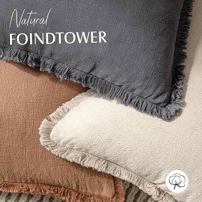 Foindtower Set of 2 Decorative Linen Fringe Throw Pillow Covers Cozy Boho Farmhouse Cushion Cover with Tassels Soft Accent Pillowcase for Couch Sofa Bed Living Room Home Decor, 24×24 Inch, Gray