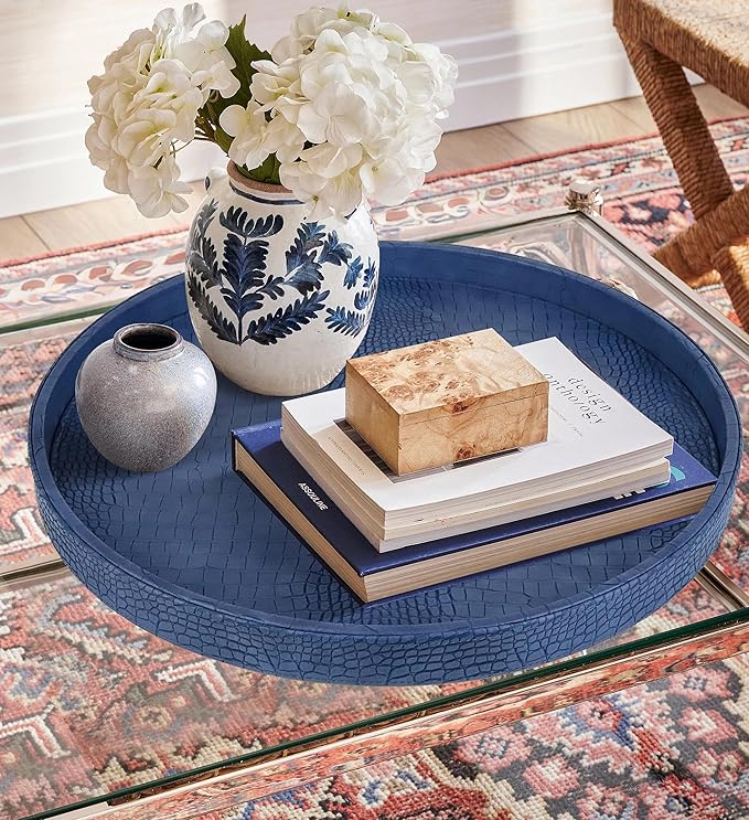 HofferRuffer Round Serving Tray 20'', Elegant Faux Leather Circle Ottoman Table Tray, Serve Tea Coffee Breakfast in Bedroom Living Room Kitchen (Blue, 20")