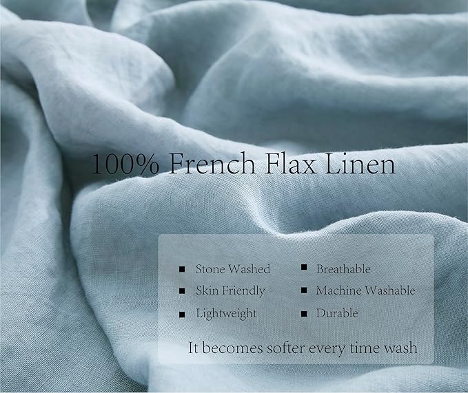 100% Linen Fitted Sheet Queen(1 Piece), 15 Inch Deep Pocket Mattress Cover French Flax Stone Washed Farmhouse Soft Breathable Bottom Sheets(Blue, Queen)