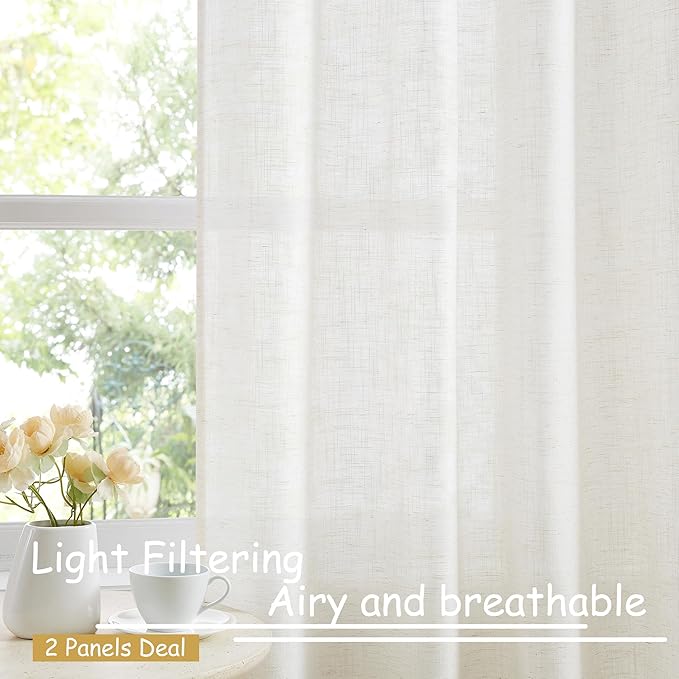 Treatmentex Flax Blend Linen Semi Sheer Curtains 52 x 45 White Light Filtering Privacy Curtains for Small Windows Rod Pocket, 2 Panels