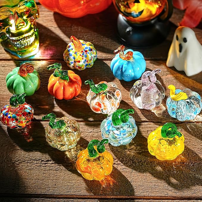 H&D HYALINE & DORA 12 Pcs Mini Blown Glass Pumpkin Figurines Crystal Halloween Pumpkin Art Decorations Table Accent for Home Thanksgiving Halloween