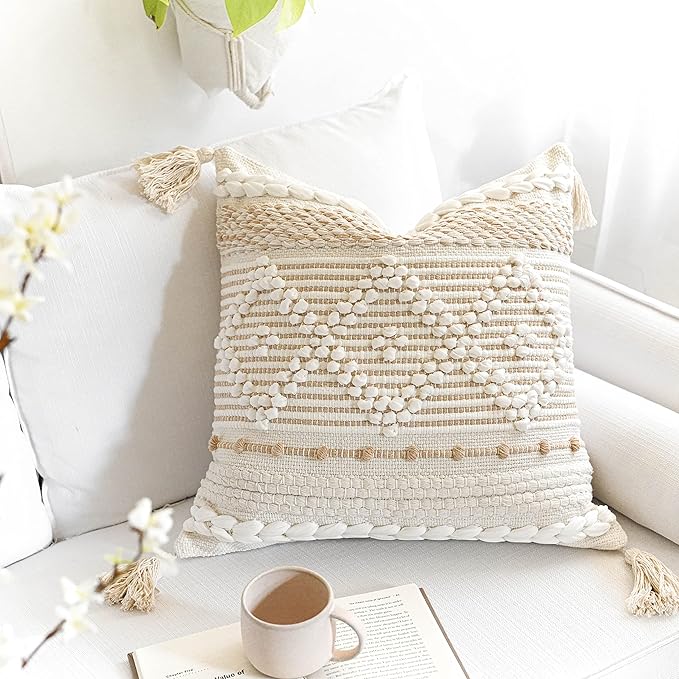 BlissBlush Cream White Boho Throw Pillow Cover 20X20, Boho Woven Textured Pillow Cover, Neutral Pillow Cover, Sofa Couch Bed Farmhouse Lumbar Pillow (Cover ONLY)