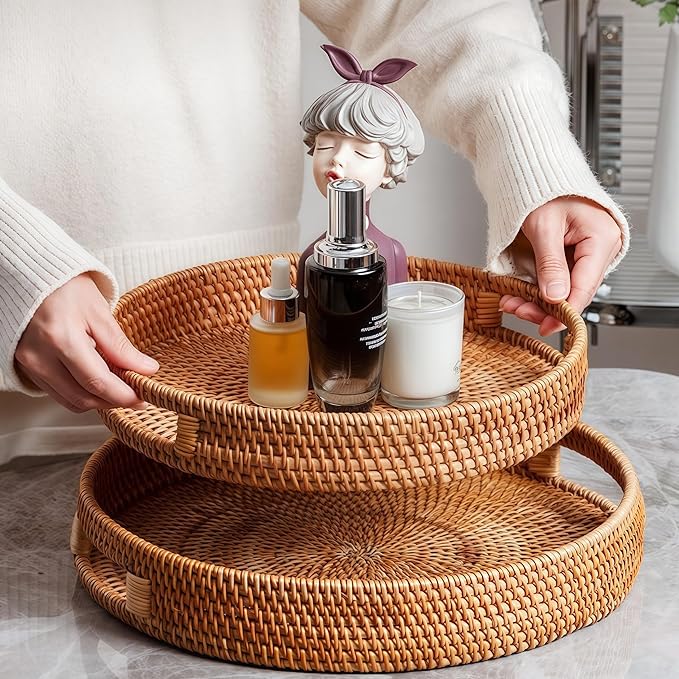 16.9" Round Rattan Tray, Hand Woven Serving Tray with Handles, Wicker Serving Basket, Decorative Tray for Home Decor, Natural