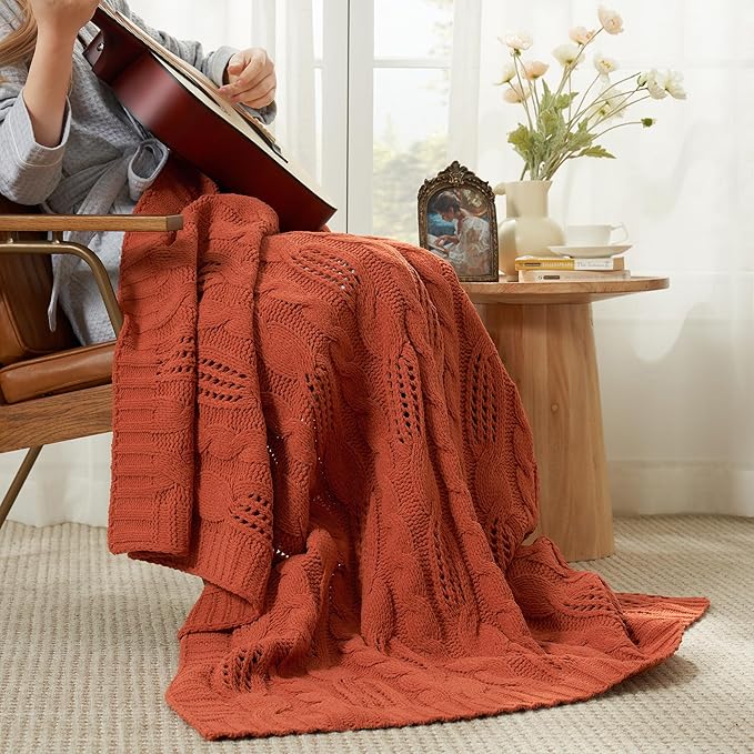 Amélie Home Chunky Knit Throw Blanket, Dual-Sided Soft Chenille Breathable Cable Knitted Blanket for Couch, Farmhouse Decorative Throw for Sofa & Chair, 50"x60", Burnt Orange