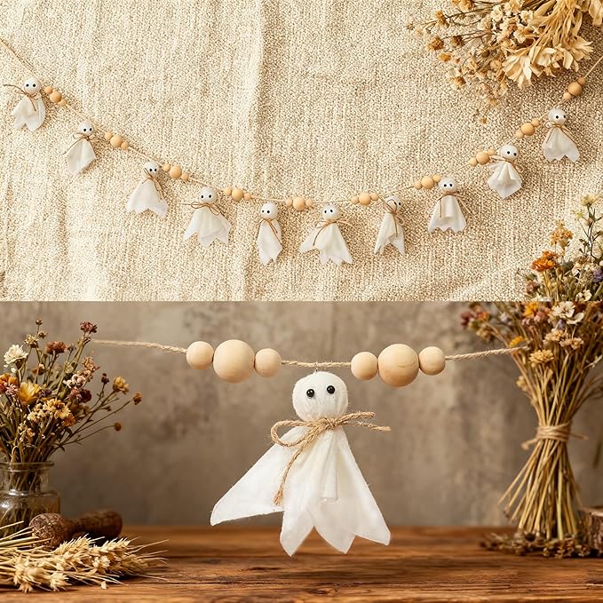 7Ft Halloween Decor Ghost Garland with Wooden Beads - Adjustable Hanging Cute Vintage Banner for Indoor Outdoor Wall Home Fireplace Mantel Spooky Party Decorations