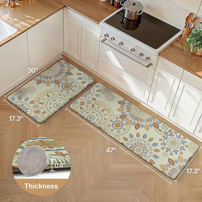 GENIMO Kitchen Mats for Floor 2PCS, Washable Cushioned Kitchen Rugs Non Slip, Farmhouse Anti Fatigue Mat Waterproof, Comfort Standing Mat Rug for Home, Laundry, Office, 17.3"x47"+17.3"x30", Beige&Blue