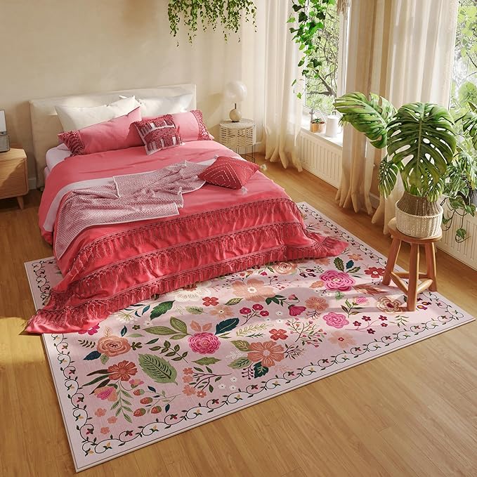 Rugcomf Living Room Rug 6x9 Machine Washable Boho Area Rug Non Slip Floral Vintage Low Pile Large Carpet for Bedroom, Farmhouse, Dining Room, Kids Playroom(Pink)