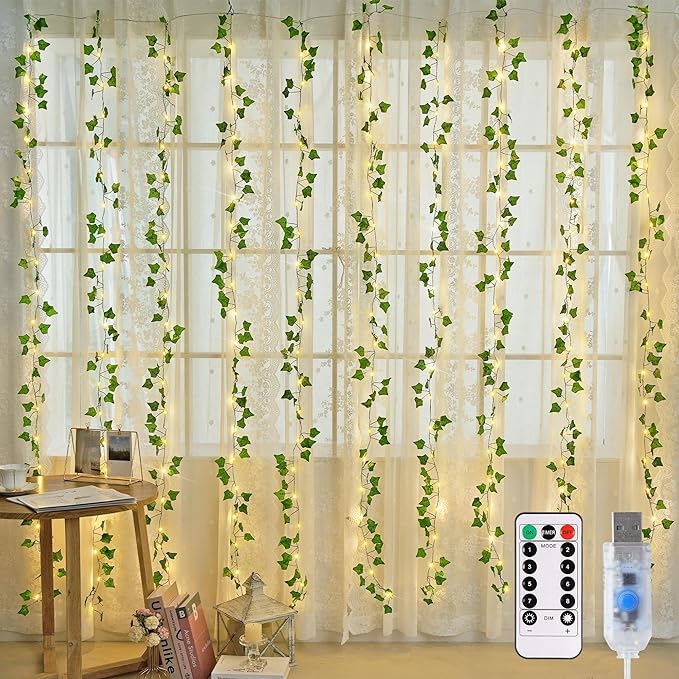 JMEXSUSS Vines Lights for Bedroom, 9.8ft x 9.8ft with Remote, 300 LED Fairy Lights with Vines, Artificial Ivy Curtain Light for Wall Dorm Wedding Indoor Decor