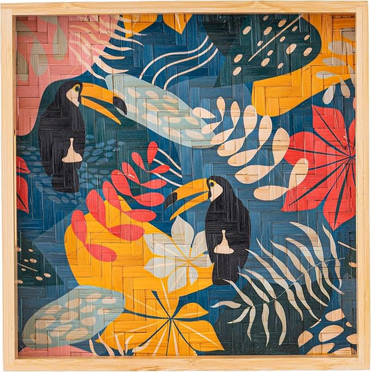 PEMAR 12.2" Square Bamboo Art Decor Tray with Handle, Food Drink Serving Tray for Breakfast Lap Bed Eating. Pattern Printed on Bamboo. Decorative Catchall Coffee Table Entryway Nightstand (Toucan)