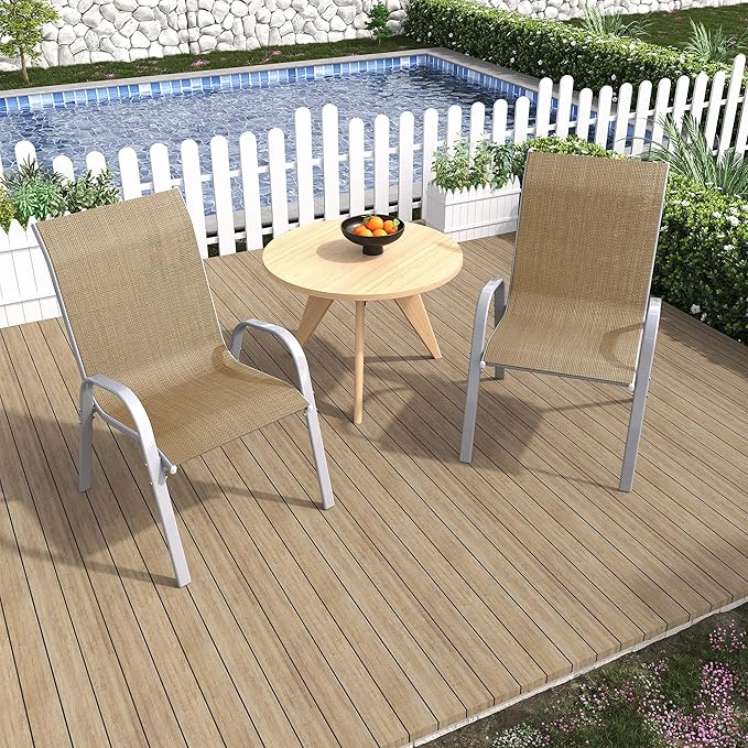 Amopatio Patio Chairs Set of 2, Stackable Outdoor Dining Chairs for All Weather, Silver Outdoor Chair Garden Furniture for Backyard Deck, Beige