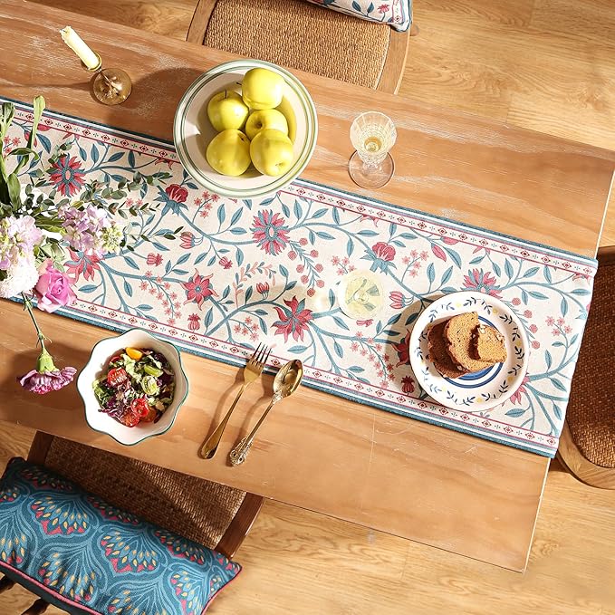 Farmhouse Berry Red Floral Table Runner for Coffee Table,Decorative Linen 87 Inches Long Table Runners,Decor Tabletop for Kitchen,Dining,Party,Home,Christmas,12"*87"