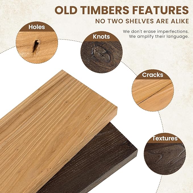 Floating Shelves, 8" Deep Rustic Solid Elm Wood Wall Mounted Floating Shelves, Wall Shelves with Invisible Bracket for Living Room Bathroom Bedroom Kitchen, 55 Inch, Natural