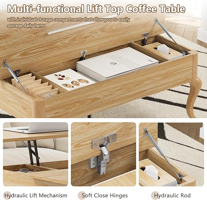 Lift Top Coffee Table, Farmhouse Coffee Table with Hidden Storage, Wood Center Table Dining Table for Living Room, Apartment, Home Office (Natural)