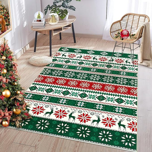 Christmas Area Rug 3x5 for Bedroom Living Room Non Slip Xmas Boho Dining Room Throw Carpet Festival Christmas Tree Pattern Small Area Rugs Holiday Decor Indoor Rugs for Kitchen Nursery Entry, Green