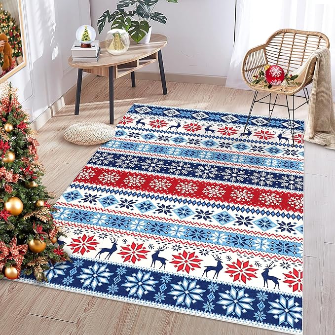 Christmas Area Rug 3x5 for Bedroom Living Room Non Slip Xmas Boho Dining Room Throw Carpet Festival Christmas Tree Pattern Small Area Rugs Holiday Decor Indoor Rugs for Kitchen Nursery Entry, Blue