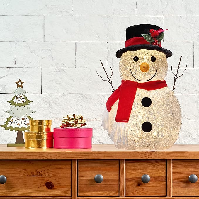 Haute Decor 13 Inch Tall Spun Acrylic Snowman with LED Lights, Battery Operated with Built-in Timer - Christmas Holiday Decoration for Mantel, Tabletop, Counter, Entryway, Art Nook