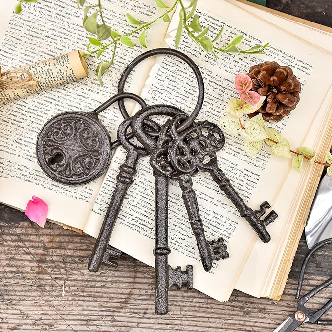 Sungmor Cast Iron Skeleton Keys - Antique Style Keyring Props, Pirate Treasure, Halloween Decor for Home Garden
