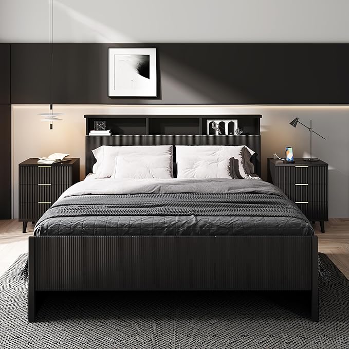 Fluted Black Nightstand with USB Charging Station, 3-Drawer Dresser Wood Modern Night Stand Bedside Table with Quiet Drawers & Large Storage End Table for Bedroom