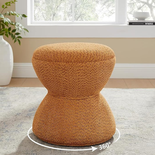 Multi-Functional Boucle Ottoman, Vanity Stool Chair, Sturdy Rotating Wooden Footstool, Suitable for Living Room, Bedroom, and Entryway, Without Installation, Swivel, Curry
